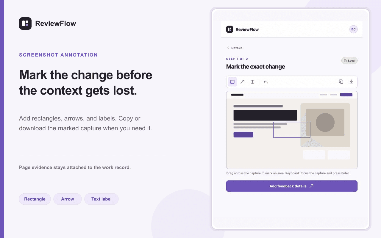 ReviewFlow annotation screen marking the exact area of a website that needs to change