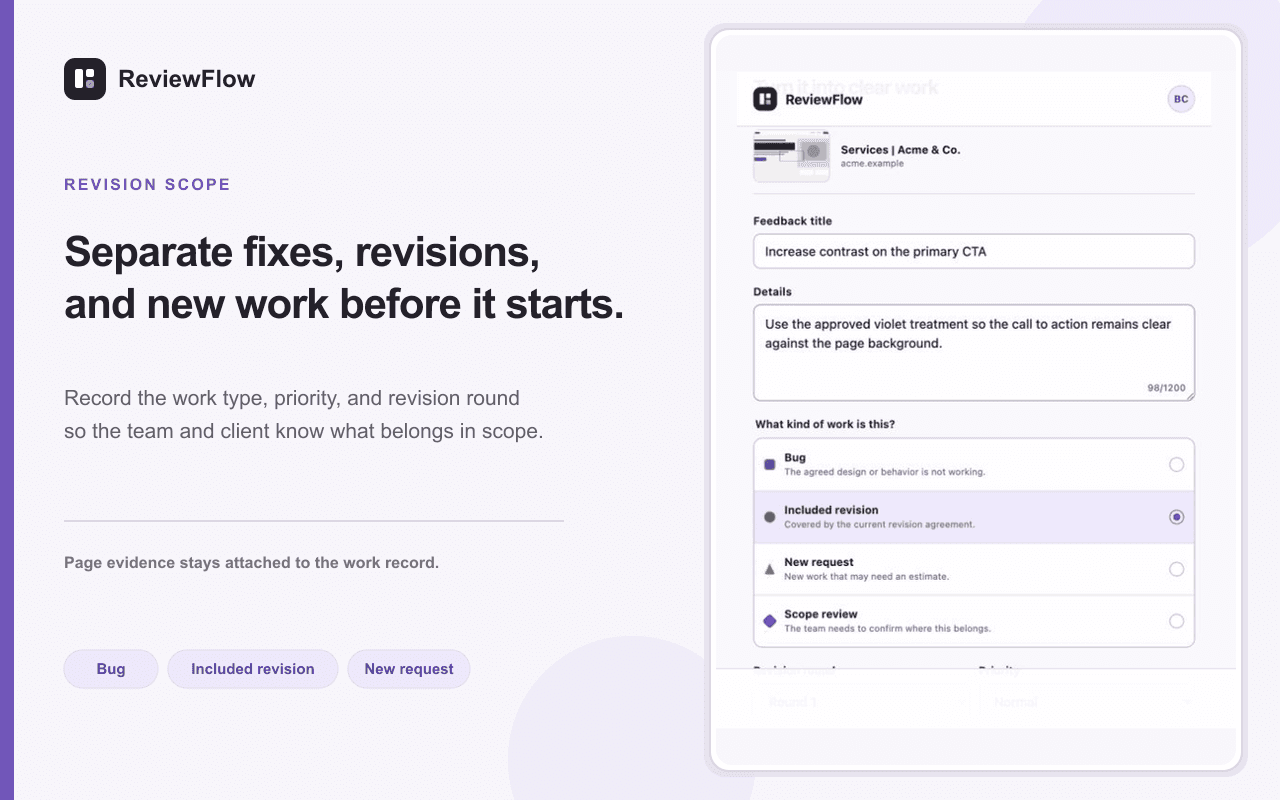 ReviewFlow feedback form classifying a request as an included revision